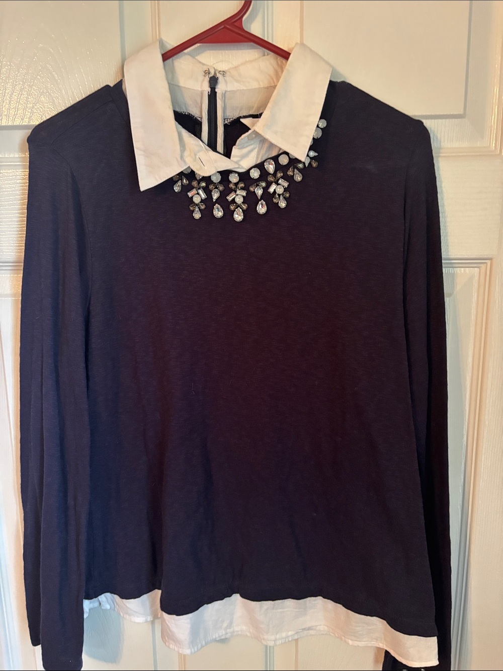 crown & ivy Navy Long-Sleeve Layered Collared Top with Jewel Accent